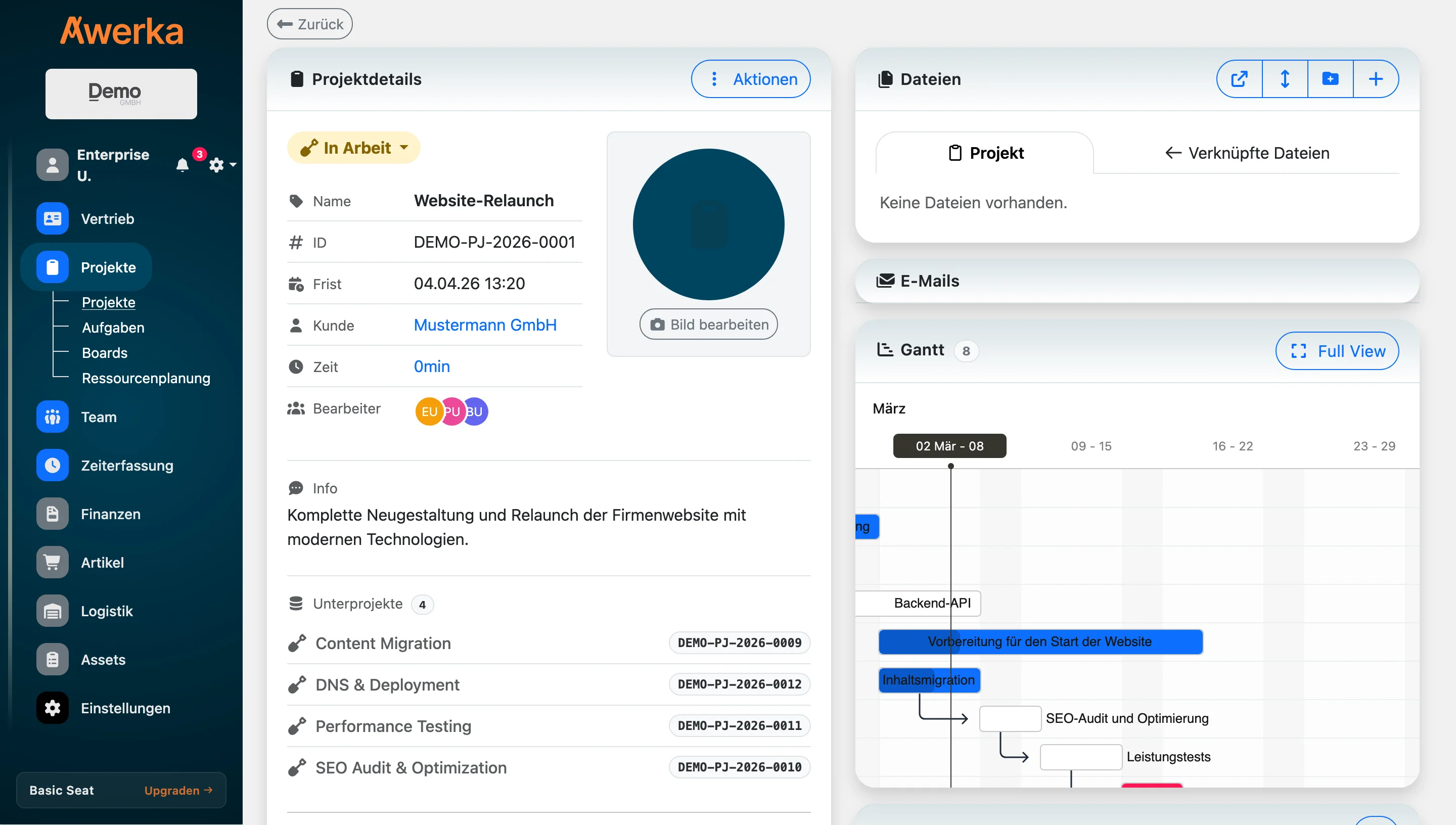 Awerka Projektdetailansicht mit Unterprojekten, Gantt-Diagramm, Dateinhängen und Teamzuweisungen