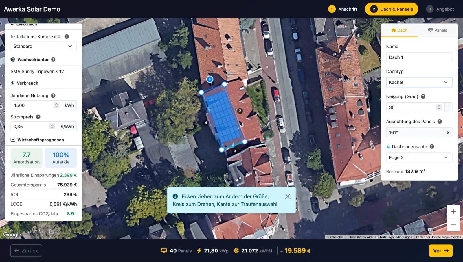 Awerka Solar-Planer — interaktiver PV-Konfigurator mit Dachskizze, Modul-Platzierung und Echtzeit-Preis