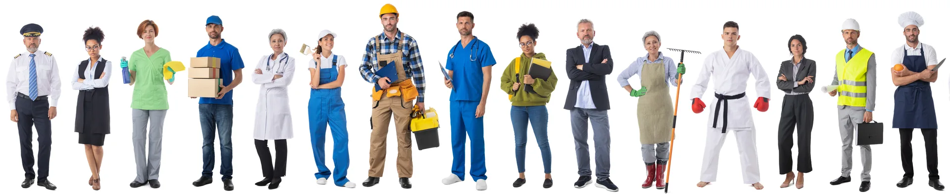 Eine bunte Reihe von Berufen — Handwerk, Pflege, Gastronomie, Büro und mehr