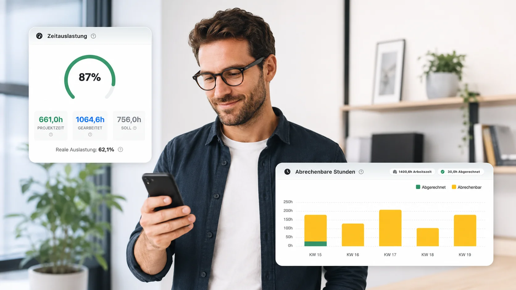 Person checkt das Awerka-Auslastungs- und Abrechnungs-Dashboard am Handy